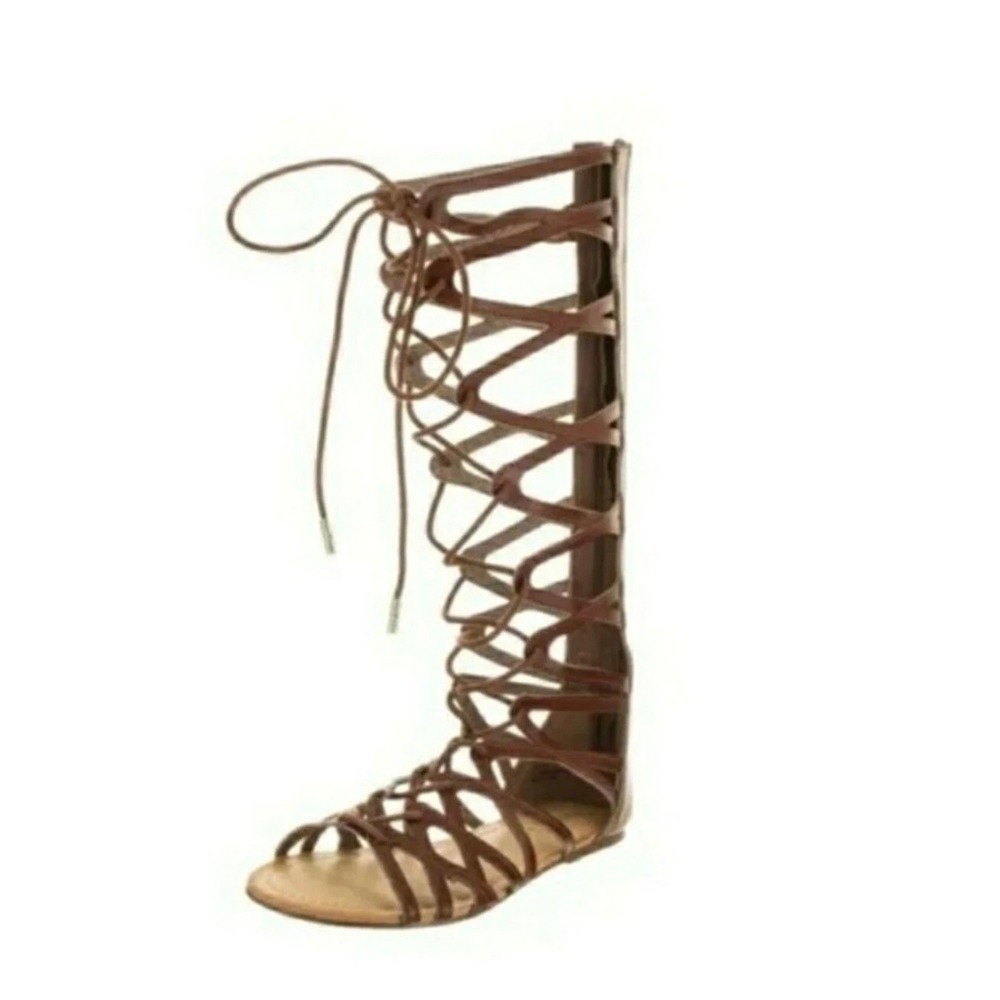 Madden Girl Kyro Gladiator Sandals 8.5 Brown Knee High Strappy Lace Up Flat